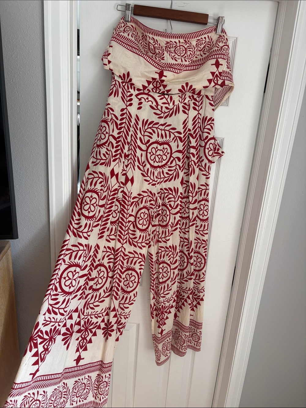 Boho Cream Wide-Leg Jumpsuit with Red Floral Print